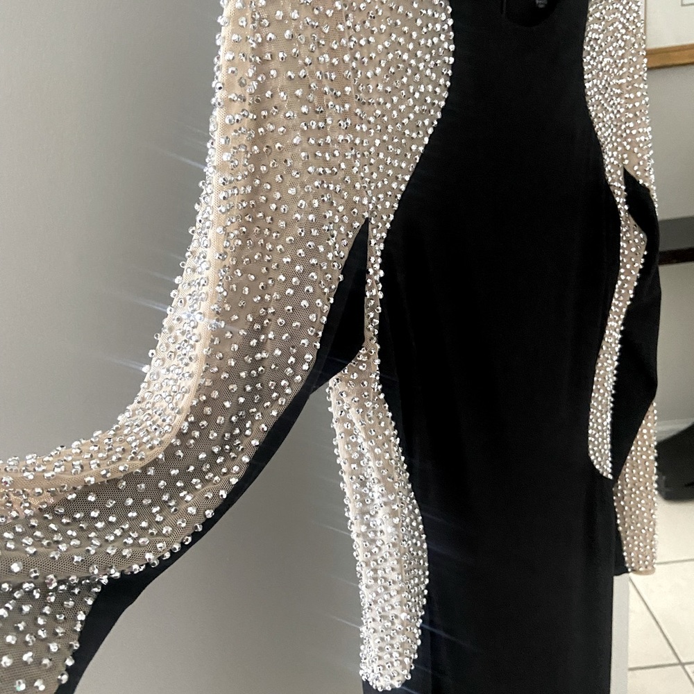 Xscape black embellished mesh trim sheath dress sz 12